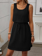 Sleeveless Waffle Knit Drawstring Mini Dress