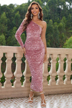 One-Shoulder Long Sleeve Evening Dress