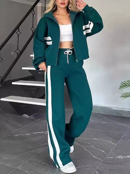 Women Striped Zip Up Outerwear And Pants Set