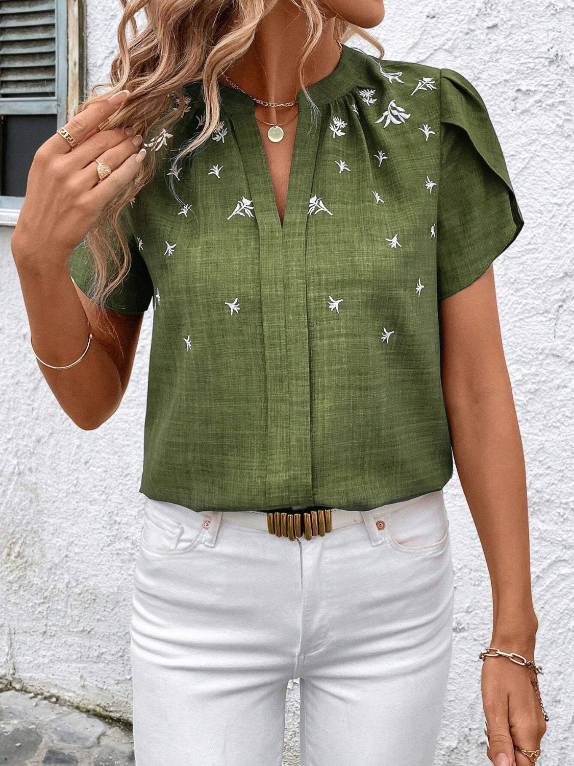 Floral Notched Short Sleeve Blouse