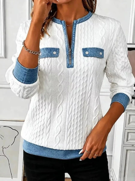 Denim Contrast Trim Quarter Zipper Sweatshirt