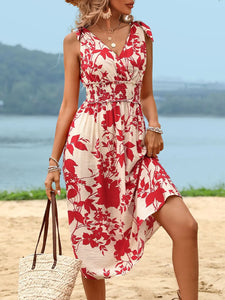 Sleeveless Perfee Smocked Printed Surplice Midi Dress