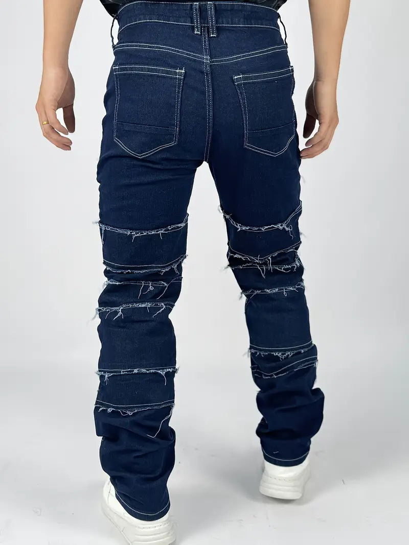 Men's Slim Fit Distressed Jeans with Ring Stitching