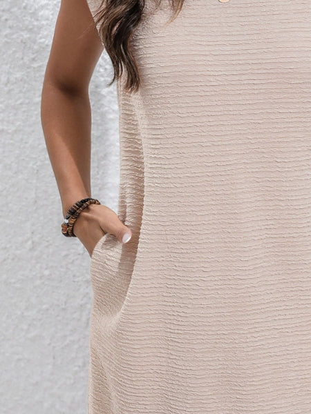 Round Neck Cap Sleeve Mini Dress with Pockets