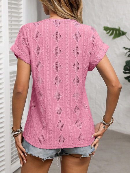 Short Sleeve Button Detail V-Neck Top