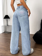 Distressed Wide Leg Ripped Jeans with Pockets