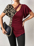 Short Sleeve Ruched Leopard Top