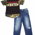 Boy's Short Sleeves Top With Jeans 2 Piece Set