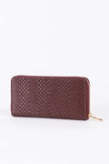 Taupe Mahogany Woven Texture Vegan Leather Zipper Wallet
