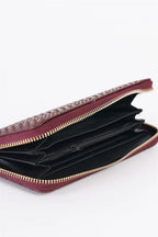Taupe Mahogany Woven Texture Vegan Leather Zipper Wallet