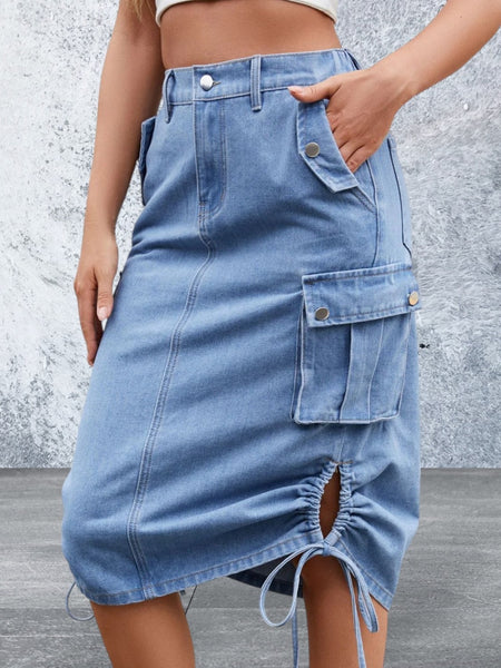 Drawstring Denim Skirt with Cargo Pockets