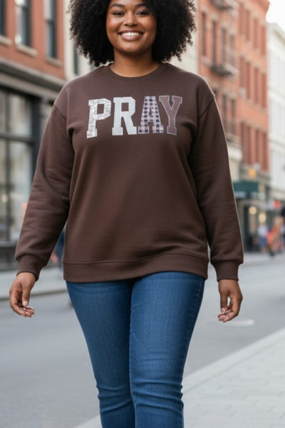 Plus Size PRAY Letter Patchwork Round Neck Long Sleeve Sweatshirt