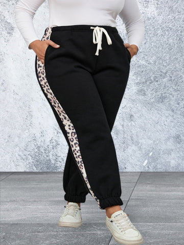 Plus Size Leopard Print On The Side Joggers