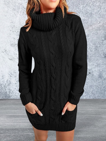 Black Cowl Neck Cable Knit Sweater Dress