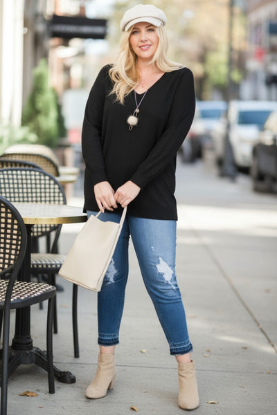 Plus Size V Neck 3/4 Sleeve Side Slit Sweater