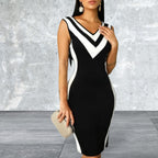 Sleeveless V-Neck Color block Bodycon Dress
