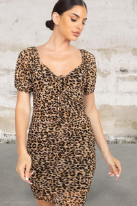 Short Sleeve Ruched leopard print mini dress