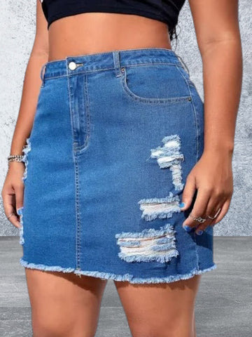 Plus Size Ripped Raw Hem Denim Skirt