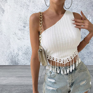 One Shoulder Ribbed Top with Crochet Fringe Hem