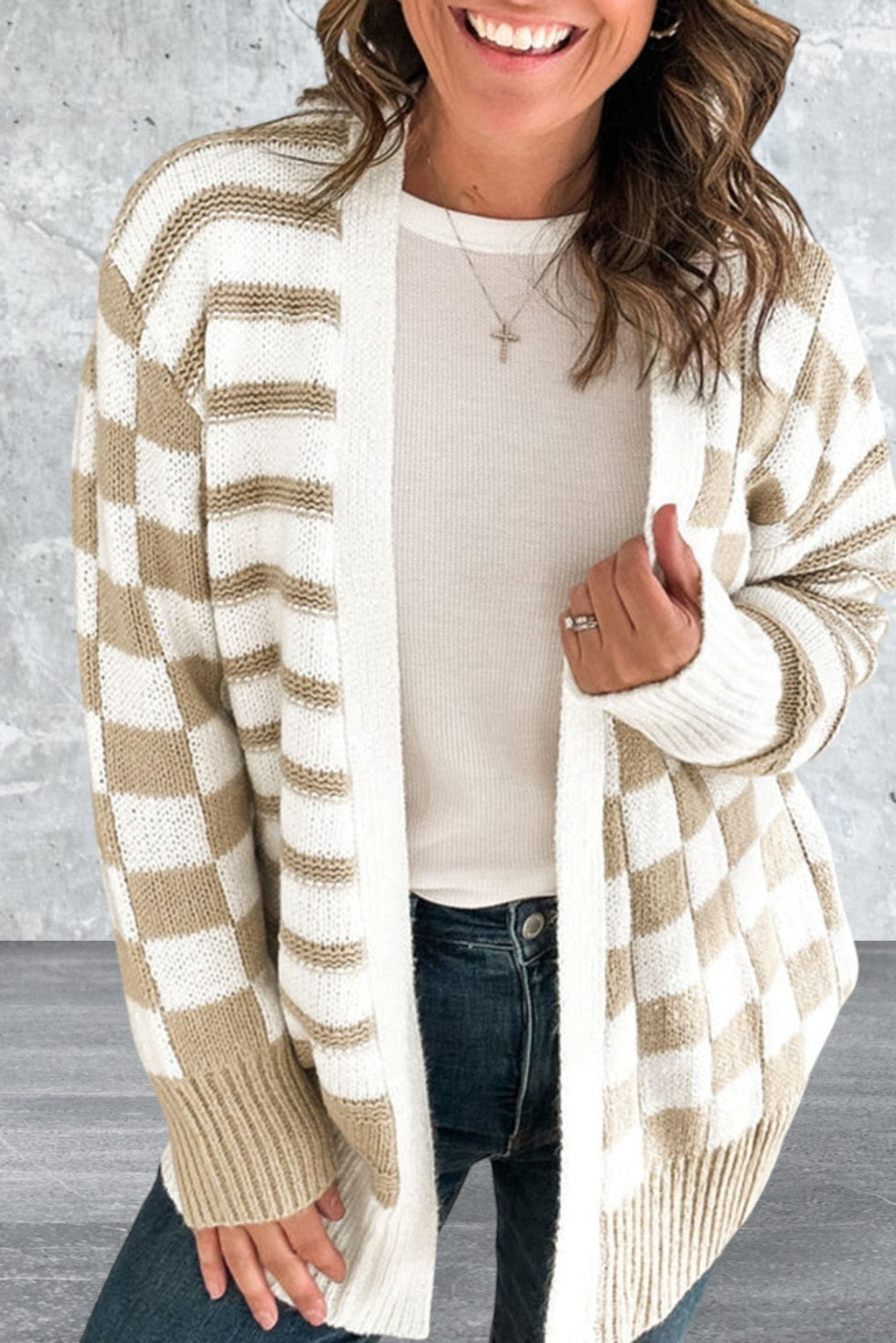 Smoke Gray Open Front Striped Knitted Cardigan