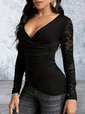 Long Sleeve Lace Ruched Surplice Top