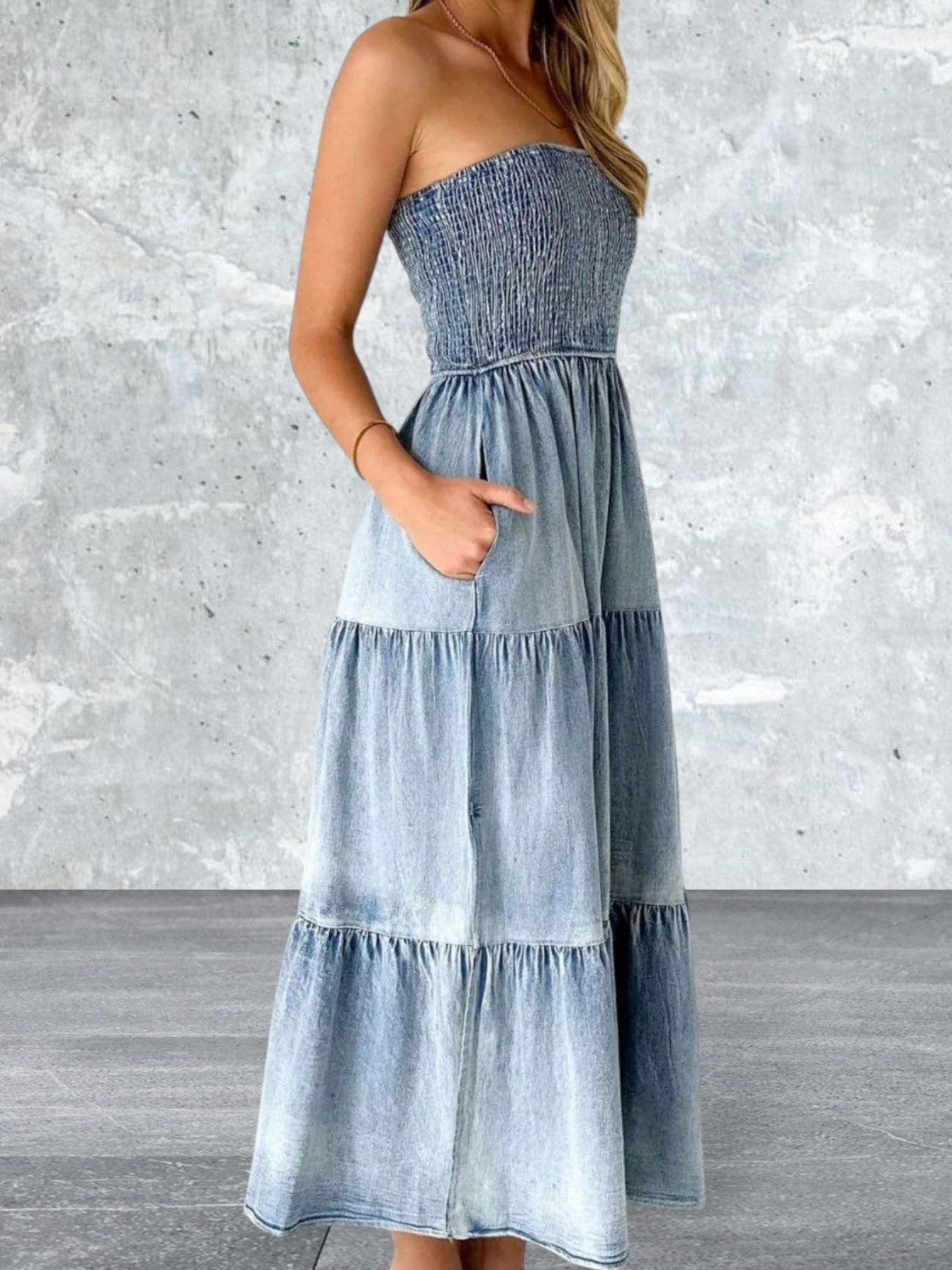 Smocked Tube Slit Tiered Denim Dress