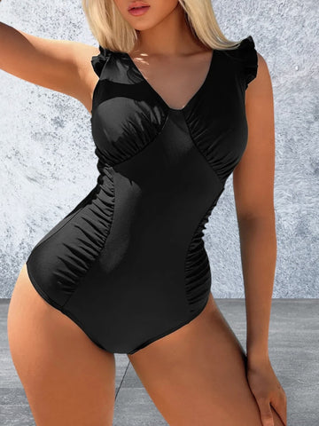 Black Ruched  Stretchy V-Neck One-Piece Swimwear