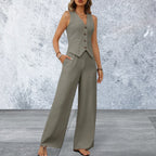 Women's V-Neck Button Down Vest and Wide Leg Pants Set