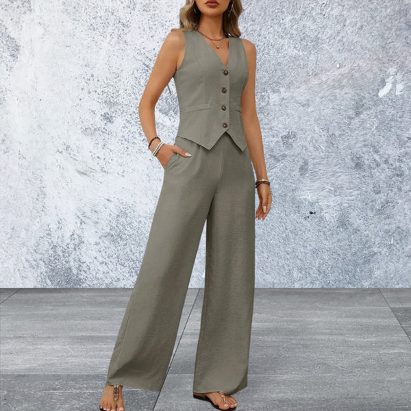 Women's V-Neck Button Down Vest and Wide Leg Pants Set