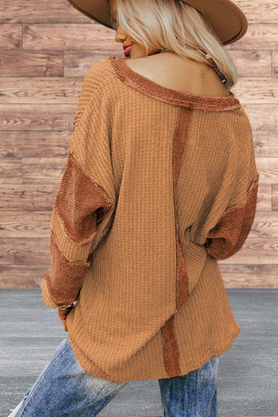 Long Sleeve Exposed Seam Waffle Knit Top