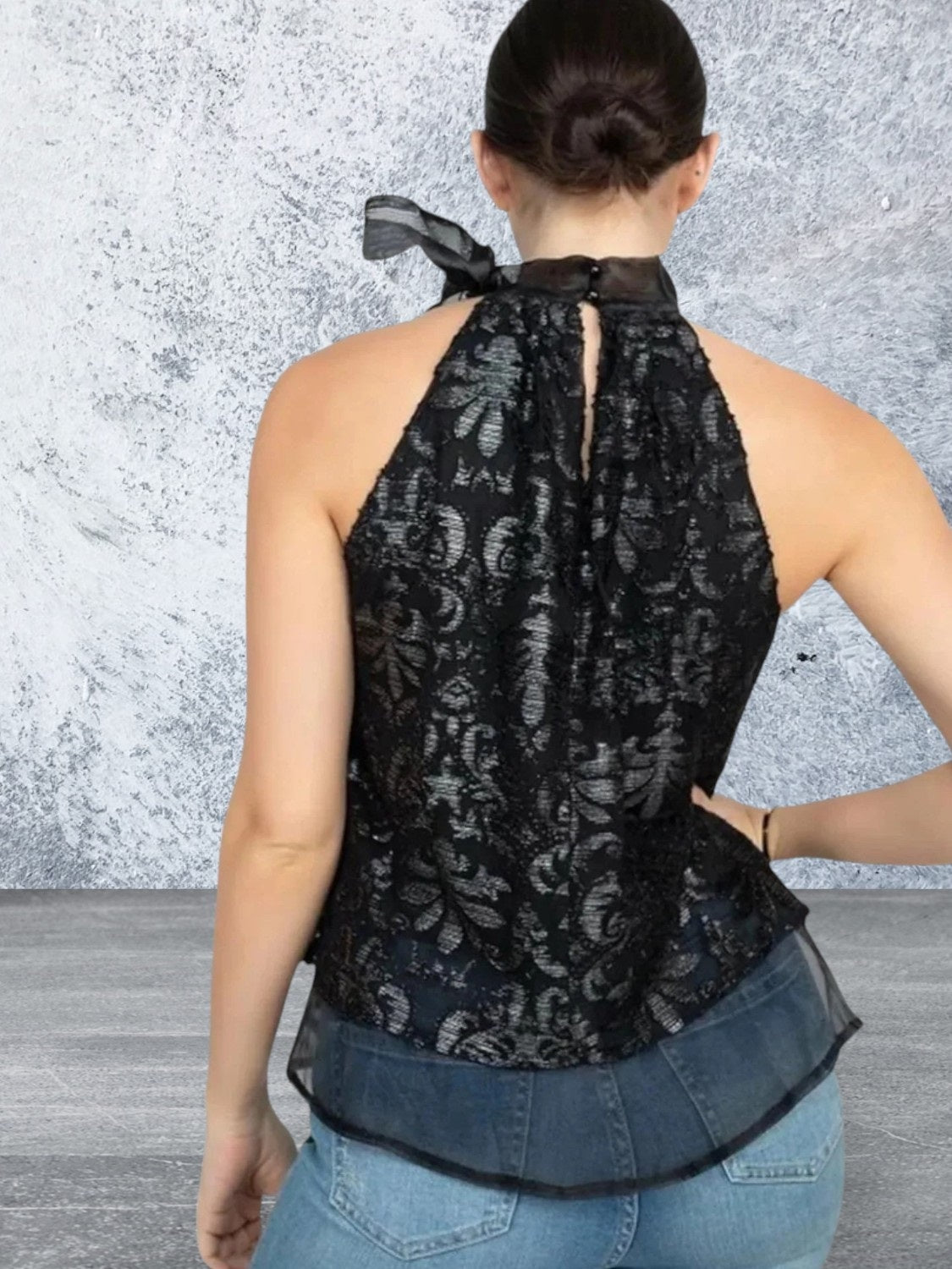 Sleeveless neck tie keyhole semi sheer black top