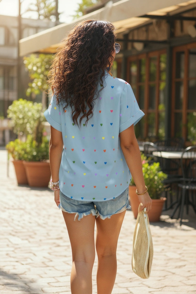 Plus Size Short Sleeve Hearts Print Button Down Loose Top