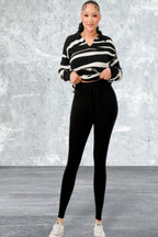 Pullover Collared V-neck Sweater Top And Pant Set