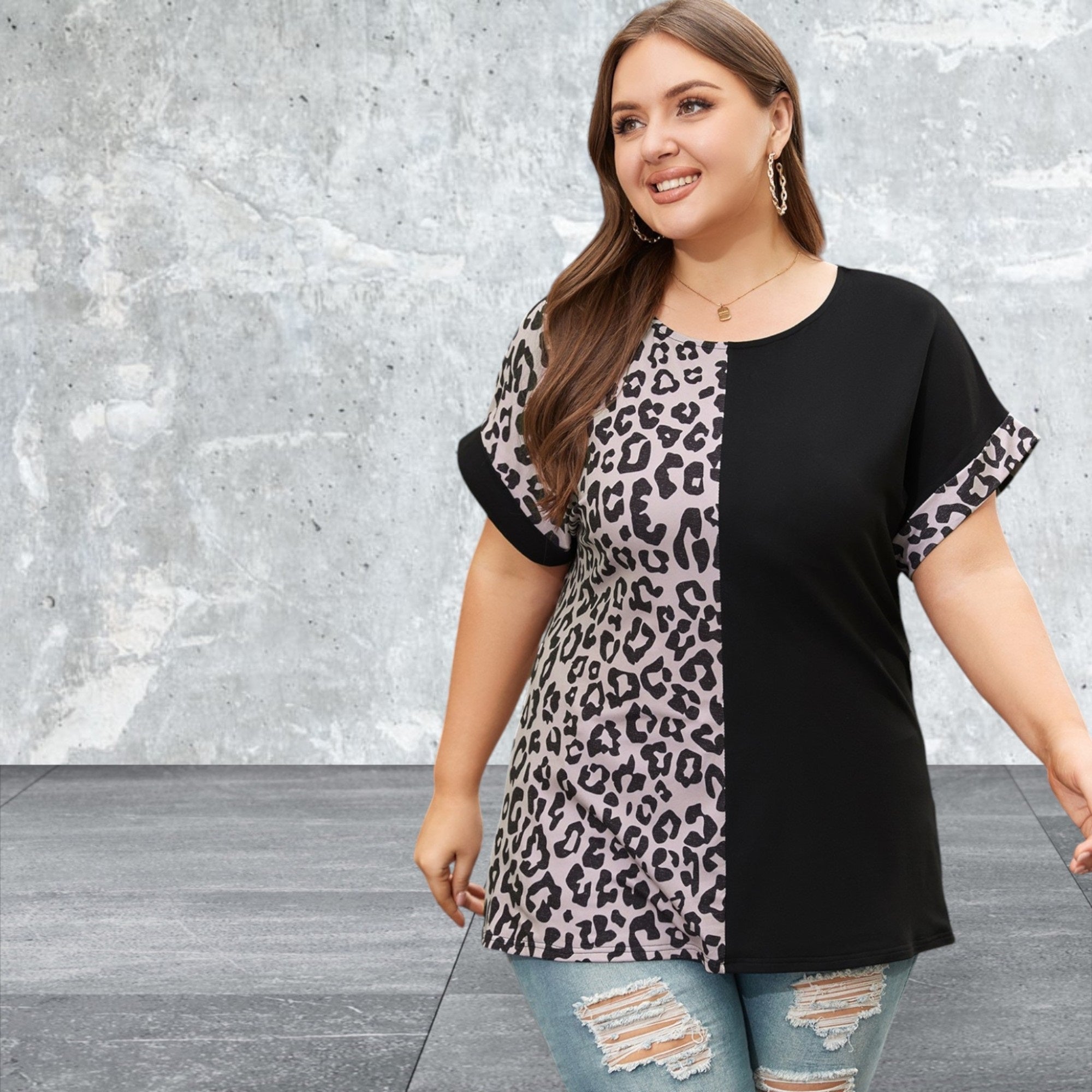 Plus Size Black Half Leopard Patchwork Top