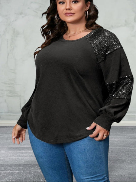 Plus Size Sequin Crew Neck Long Sleeve Top