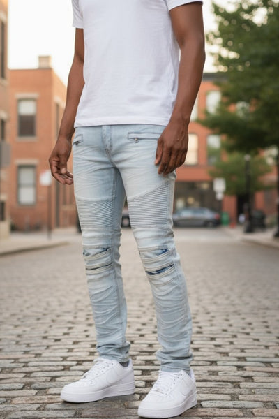 Men Skinny Creased Biker Denim Jeans