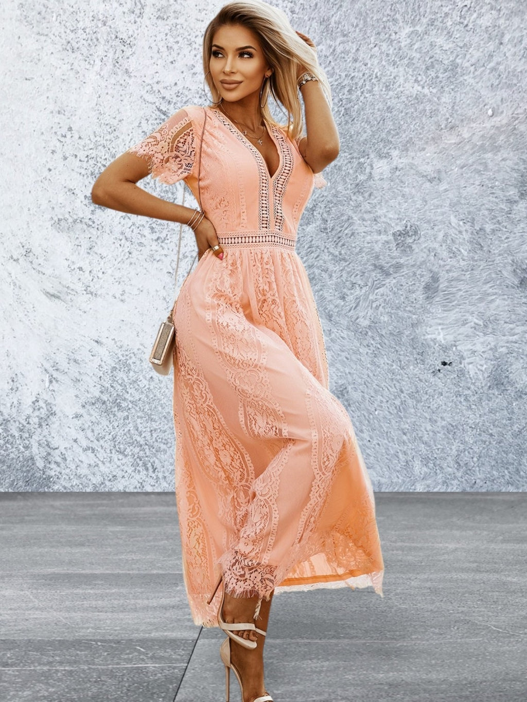 Short Sleeve V Neck High Waist Lace Maxi Dress