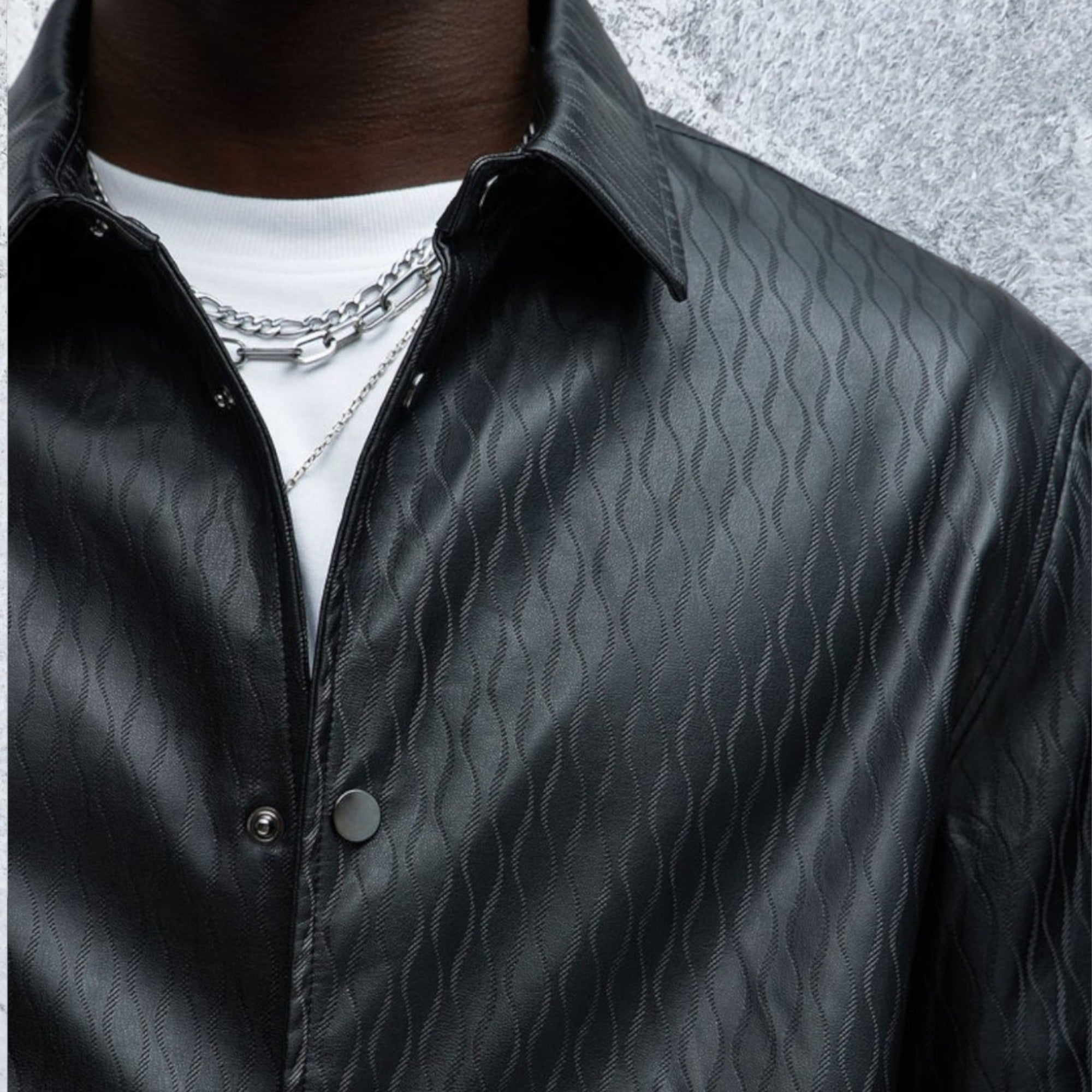 Long Sleeve Faux Leather Snap Button Front Shirt