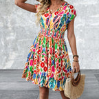 Abstract Print V Neck Dolman Sleeve Ruffle Tiered Mini Dress