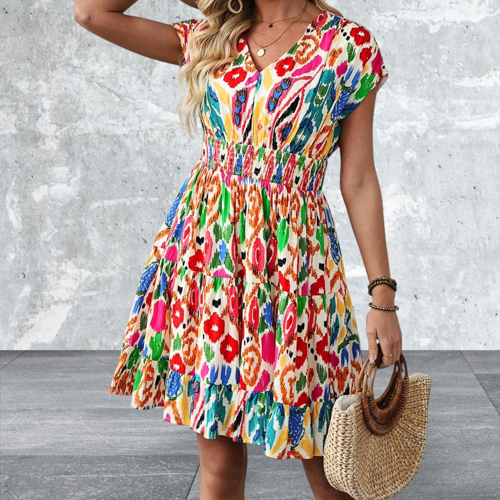 Abstract Print V Neck Dolman Sleeve Ruffle Tiered Mini Dress