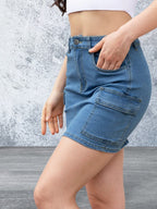 High Waist Pocketed Denim Mini Skirt