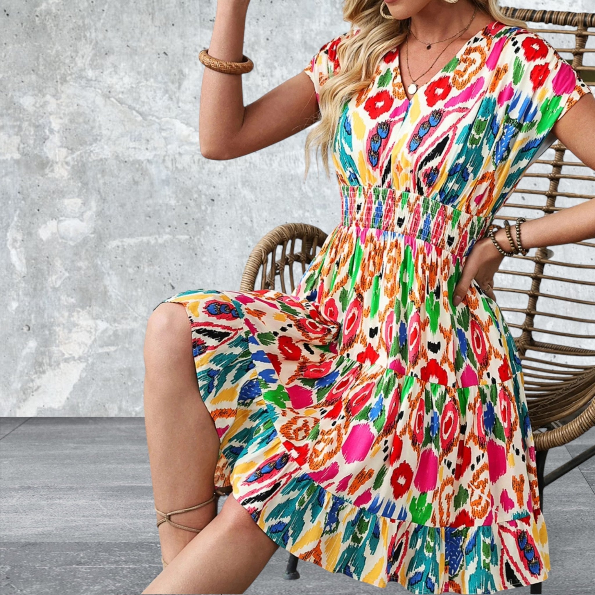 Abstract Print V Neck Dolman Sleeve Ruffle Tiered Mini Dress