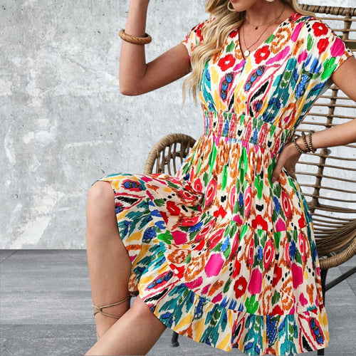 Abstract Print V Neck Dolman Sleeve Ruffle Tiered Mini Dress