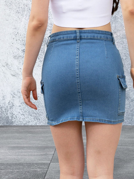 High Waist Pocketed Denim Mini Skirt