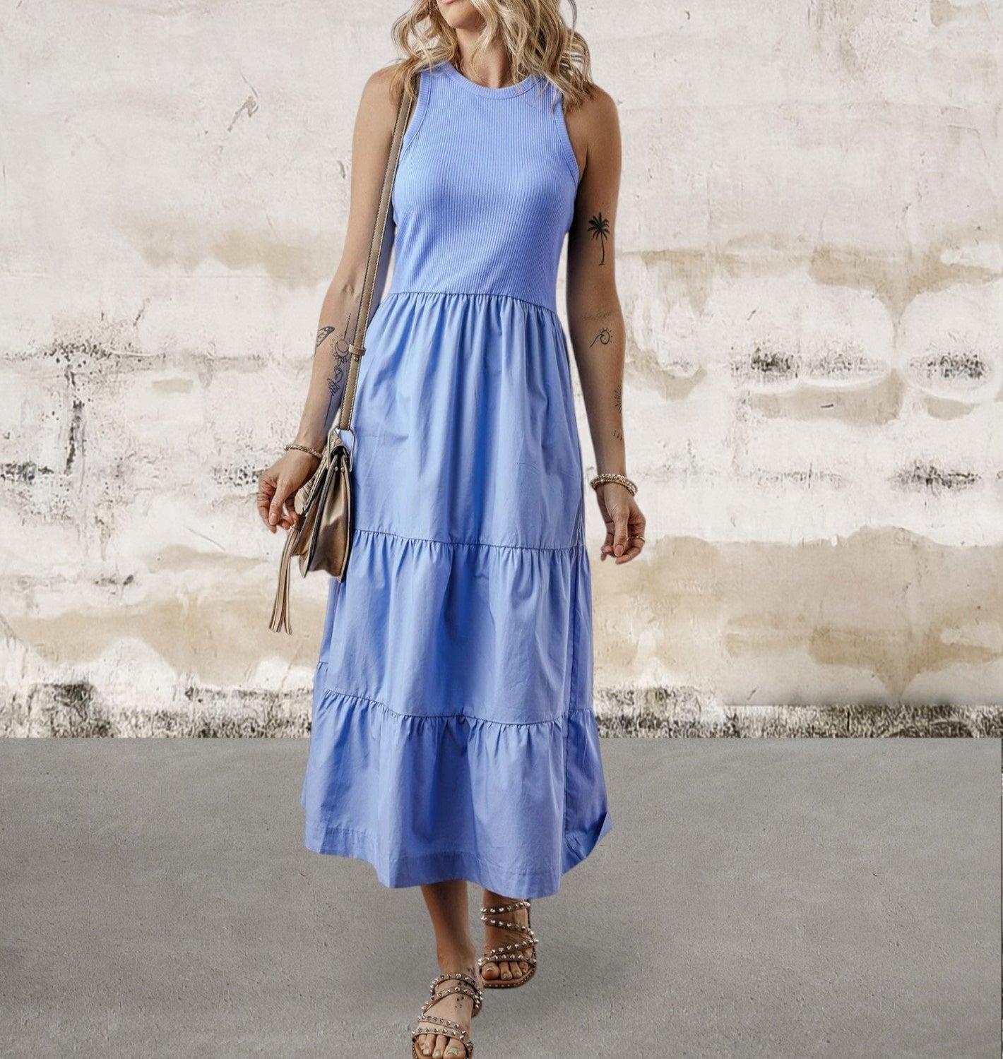 Sleeveless Sepia Rose Ribbed Vest Style Midi Dress with Pockets