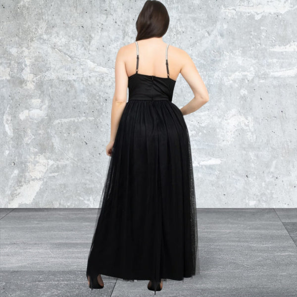 Women's Mesh Tulle Black Maxi Dress