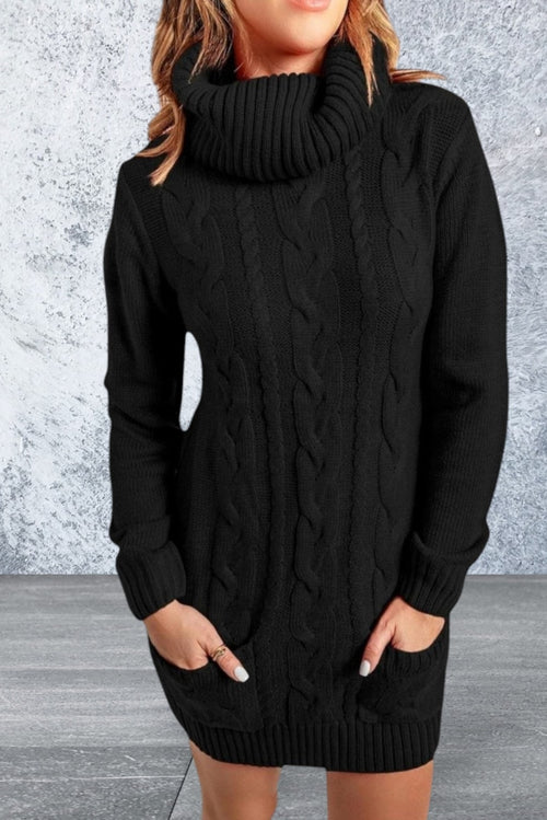Black Cowl Neck Cable Knit Sweater Dress