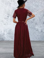 Short Sleeve V Neck High Waist Lace Maxi Dress