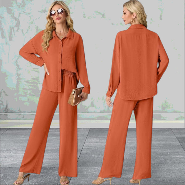 Lepunuo 2 Piece Women Casual  Long Sleeve Button Down Shirt and Wide Leg Pants Sets