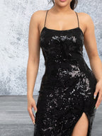Sleeveless Sequin Black High Slit Dress